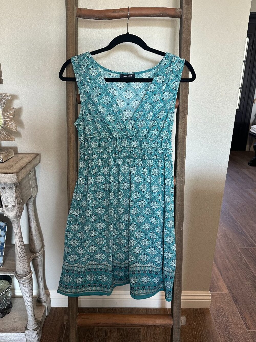 Max Edition Medium Turquoise Floral Print Sleeveless A-Line Dress